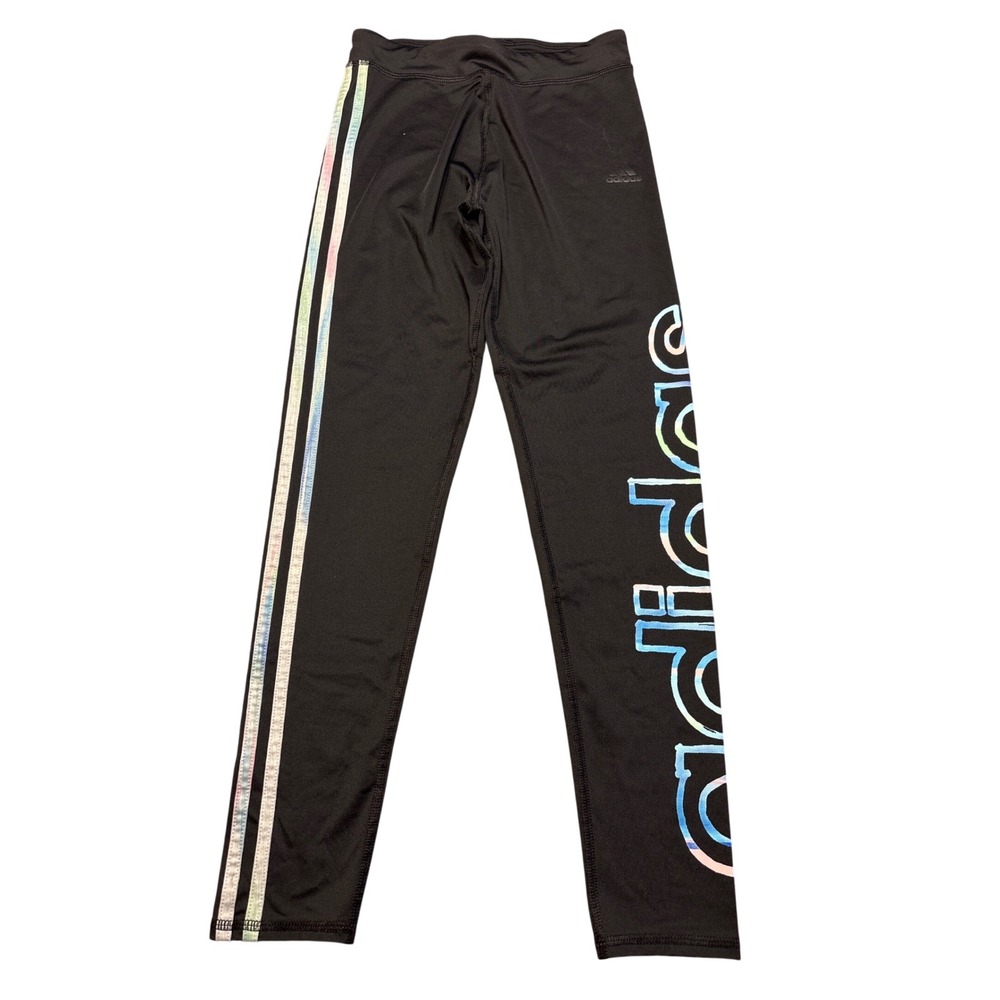 Adidas Girls Black Aeroready Leggings Watercolor Logo 3-Stripe Size L‎ 14